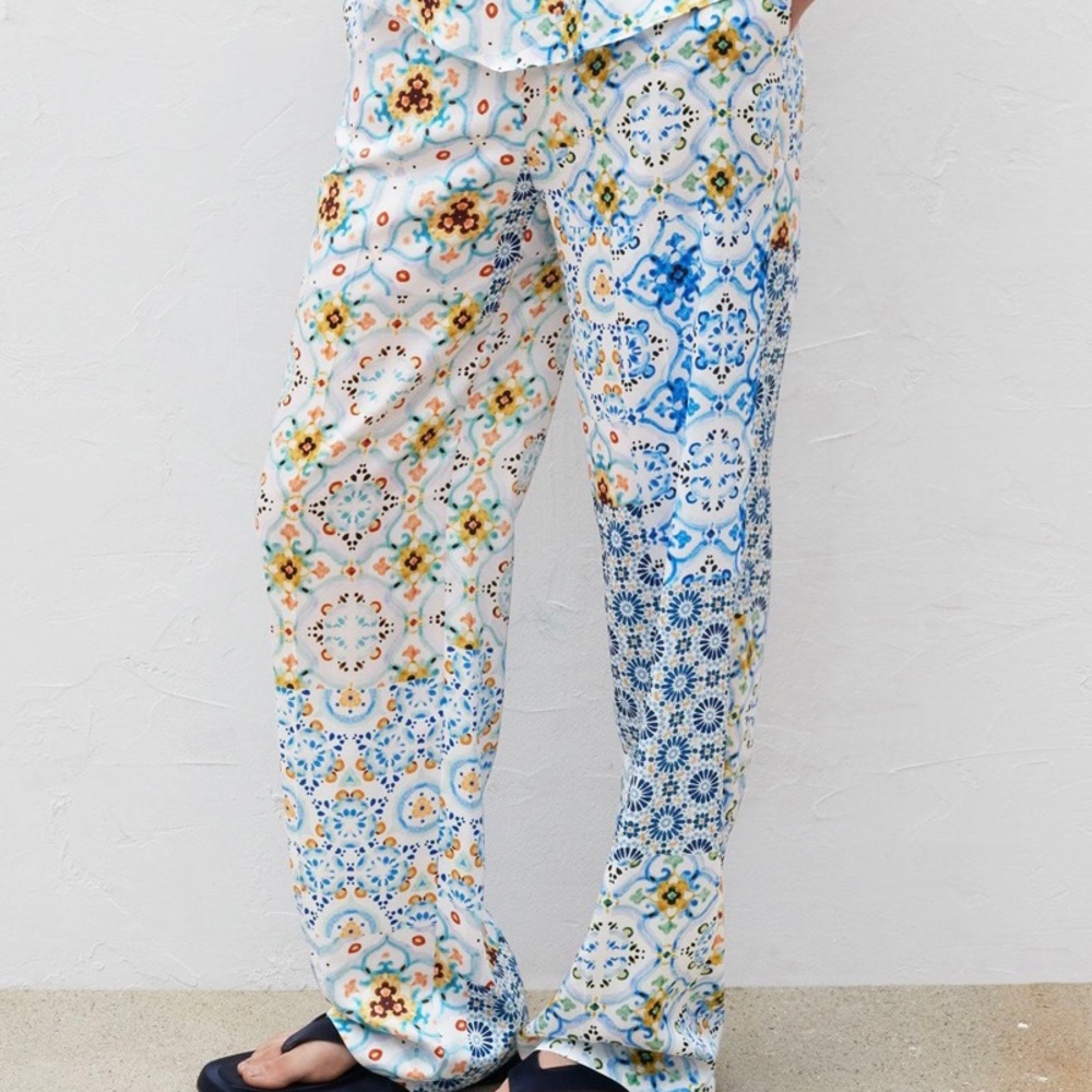 ZARA PATCHWORK PRINT WIDE LEG PANTS - multicolored